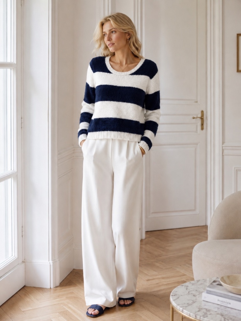 Lauren Conrad Cozy Chic Casual Blue & White Eyelash Sweater, Size Large - Picture 1 of 6